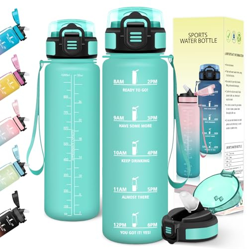 Baramumu Borraccia 1 litro, con Cannuccia, Borraccia Palestra, a Prova di Perdite, Bottiglia acqua, Facile da Aprire, Borracce, per Palestra, Trekking, Fitness, Yoga, Ufficio, Blu-Verde 3245C