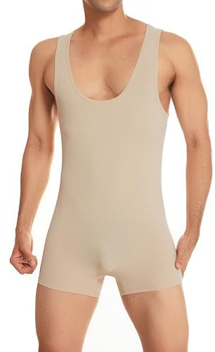Drelaar Men's Soft Fitness Jumpsuit Athletic Tank Top Shorts One-Piece Gym Leotard Bodysuit Small Nude