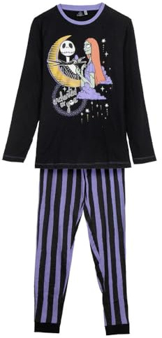 Pigiama Lungo Nightmare Before Christmas Completo Cotone 160 gsm con Jack & Sally Maglia Maniche Lunghe e Pantaloni a Righe Stile Dark Gothic Idea Regalo Disney Donna