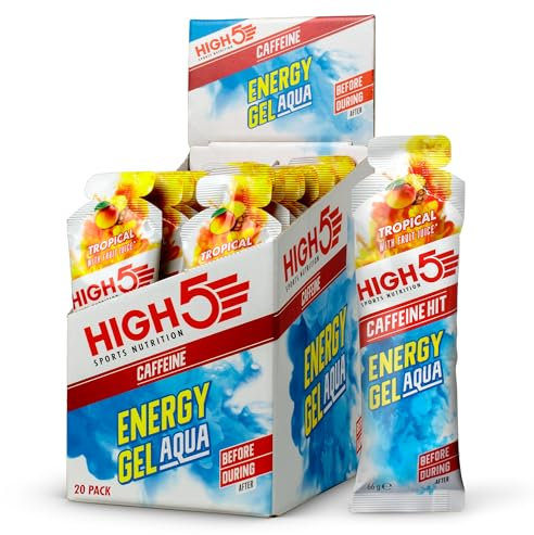 HIGH5 Aqua Caffeine Gels Running - Glucose Shots for Instant Energy and Running Fuel - Natural Fruit Juice Energy Shots - Sports Gel for Running, Cycling, Ultra Marathon, Ironman (Tropical, 20 x 66g)