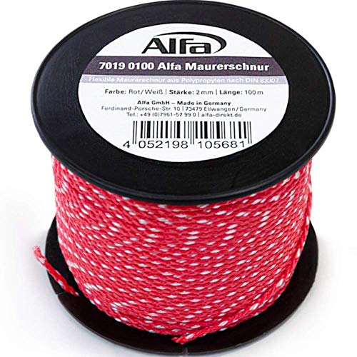 1x Alfa Maurerschnur Rot 100 m Länge Ø 2,0 mm Profi-Qualität Polypropylen rund geflochten Reißfest & Belastbar Richtschnur Bauschnur Lotschnur Pflasterschnur
