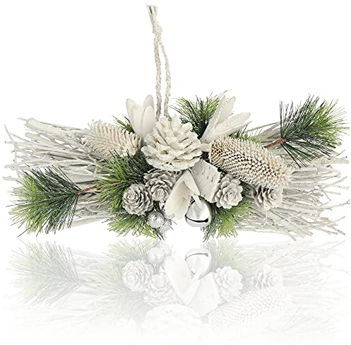 com-four® Arreglo navideño - Conos Blancos, ramitas y Bayas Brillantes como Adornos de Pared Decorativos - Arreglos Florales Hechos a Mano como Adornos para Puertas (Blanco - Brillo)