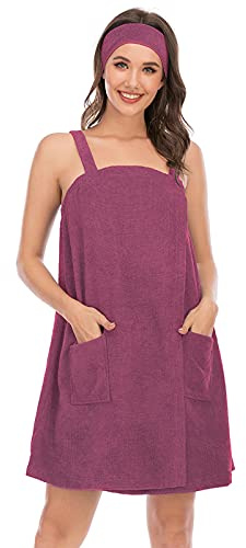 Jamron Mujer Vestido de Toalla de Baño Ajustable con Diadema para Ducha Snuna SPA y Playa Fucsia M