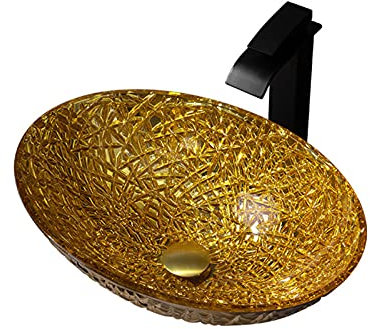 LWX Badezimmer-Aufsatzwaschbecken, Ovales Glaswaschbecken-Set, Für Zuhause, Hotel, Restaurant,Gold 5 Accessories