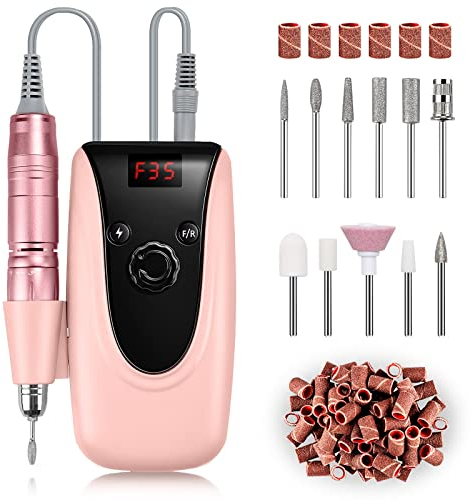Madenia Nagelfräser Professional Akku 35000 U/Min Elektrische Nagelfeile Maniküre Pediküre Set für Acrylgel Gelnägel mit Digitalanzeige, 11 Stück Nagelbohrer Bits, Rose