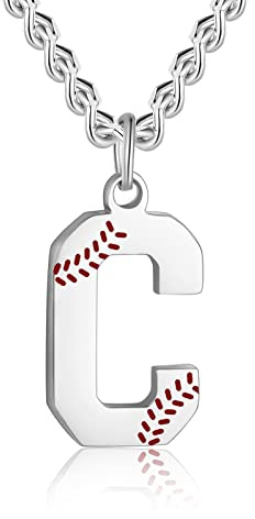 AIAINAGI Baseball Initial A-Z Letter Necklace for Men Baseball Charm Pendant Stainless Steel Silver Chain 22inch Personalized Gift for Men（C