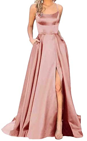 HAHAEMMA Vestido largo para mujer, elegante, con bolsillos, de satén, línea A, sin espalda, vestido de noche, vestido de noche, sexy, espagueti, vestido de novia, vestido largo de princesa de dama de