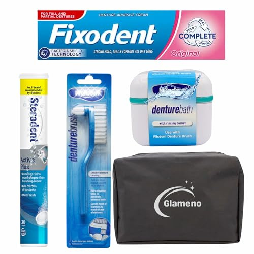 Denture Cleaning Tablets with Denture Box, Denture Adhesive and Brush Bundled with Glameno Toiletry Bag