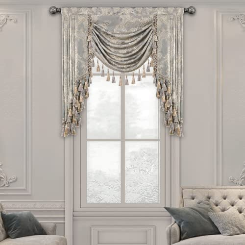 TOPLUXE Swag Valance for Windows, Damask Waterfall Valance with Tassels, Short Curtain for Bedroom Living Room Kitchen, Rod Pocket (Width 100cm, Light Grey)