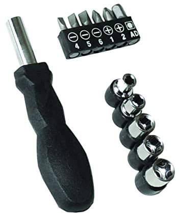 PARENCE.- Tournevis Multifonction 12 en 1 / Tournevis (Corps) avec 5 Clés à Douille (inserts), 3 Embouts plats (4, 5, 6), 2 embouts cruciformes (1, 2) et 1 embout clé à douille