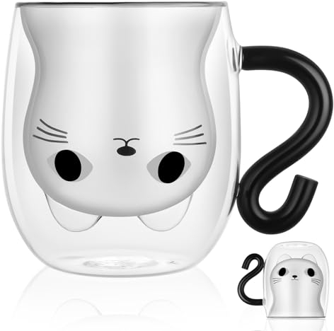 Vicloon Vasos de Doble Pared,Tazas de Café de Cristal con Asa,Tazas de Vidrio Borosilicato,Lindas Tazas de Gato Lindo de Las Tazas,Vasos de Doble Pared Transparente para Té,Café,Leche,Latte,Macchiato