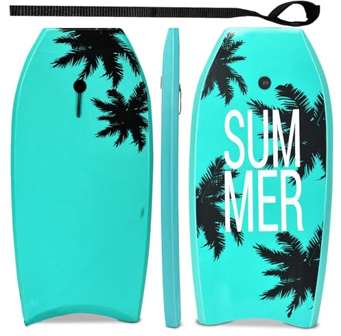 HOMASIS Bodyboard Surf da Tavola con Cavo di Trazione da 90 cm, Tavola da Surf per Bambini e Adulti, Tavola da Onda con Nucleo in Schiuma EPS e Motivo di Alberi di Cocco (105 x 51 x 5,5 cm)
