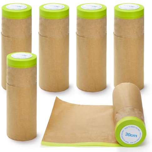 Jucoan 6 Rolls Masking Paper for Spraying, Pre-Taped Masking Film 30.5CM x 9M/12'' x 30Ft Tape and Drape for Painting Auto Cars, Wall Frame Covering, Floor Furniture Protection