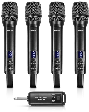Sound Town 2.4GHz Rechargeable Wireless Microphone System with 4 x Handheld Mic, 1/4 Mini Portable Receiver, Built-in EQ, Effects for Karaoke, Events, Church, Meetings (SWM-01U4)