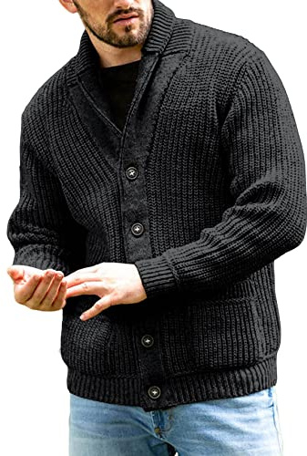 Runcati - Cardigan da uomo a maglia grossa, con collo sciallato, a maniche lunghe, con abbottonatura, maglione casual, Nero , L