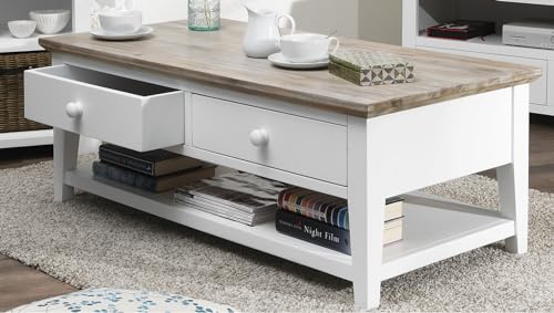 Statement Furniture Florence Coffee Table with Drawers and Shelf | Wooden Painted Living Room Coffee Table with Acacia Hardwood Top | Fully Assembled W120cm H45cm D60cm (white)