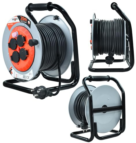 Rexxer Kabeltrommel 20m Metall IP44 für Außenbereich 4 Steckdosen Typ E Verlängerungskabel 3x2,5 mm² mit Erdung Baustelle Garten