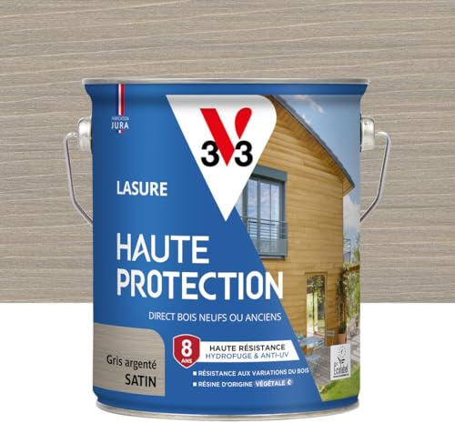 V33 Lasure Bois extérieur Gris argenté satin - Haute Protection 8 ans - Haute résistance hydrofuge et anti-UV - Résiste aux variations du bois - Ecolabel, résine d'origine végétale - 2,5L