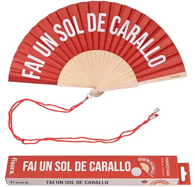 Fisura – Galicisk solfjäder med texten “fai un sol de carallo”, perfekt för heta sommardagar. Röd trämaterialdesign. Inkluderar snöre. Mått: 42,5 x 23 cm