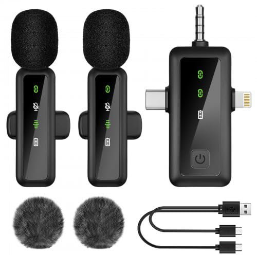 3 in 1 Mini Microfono per Smartphone Pc Fotocamere, Microfono Lavalier Wireless Bluetooth senza Fili con Cavo Ricarica Type-C, Riduzione del Rumore, Plug-Play, per Podcast Video Live Intervista Gaming