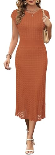 Newshows Summer Dresses for Women UK Hollow Knit Casual Work Business Elegant Ladies Midi Dress | Machine Washable Knit Sweater Fabric, Hollow Design, Bell Sleeve, Business Casual, Church Teacher Outfits, Modest Dress