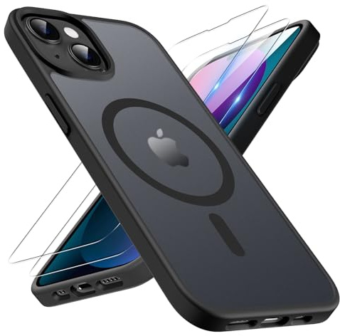 TQIAHF Magnetic Phone Case for iPhone 13 / iPhone 14 Case with 2 Tempered Glass Screen Protector Compatible with MagSafe Military Grade Translucent Matte Phone Cover,Black