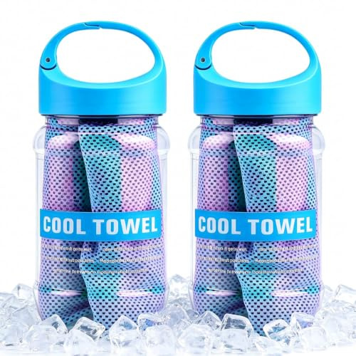 Kukyller Cooling Towel, 2PCS Cooling Towels with Storage Bottle Ice Towel Sweat Towel for Neck and Face Yoga Sport Running Gym Towels (Blue)