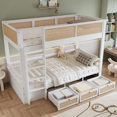 Oslghy Cama Infantil para Niños 90x200, Cama Alta con 3 Cajones con Ruedas para Almacenamiento, Litera Doble Matrimonio con Protección Anticaída y Somier de Madera, Barandilla de Ratán, Sin Colchón