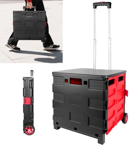 Foldable Utility Cart, Heavy Duty Folding Trolley Box Cart Boot Cart with Telescopic Handle and Rotate Wheels, 35KG Max Capacity Collapsible Utility Trolley Box for Travel and Shopping (42.5x37x45cm)