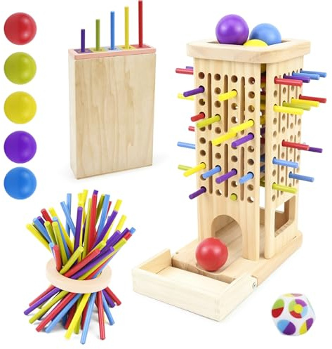 puiaxod Juego de Mesa Montessori para Niños 3 4 5 6 Años, con 40 Palitos de Madera, Dados y 5 Bolas de Colores Torre de Madera Juegos Educativos Juguete de Matemáticas para Familia y Viaje