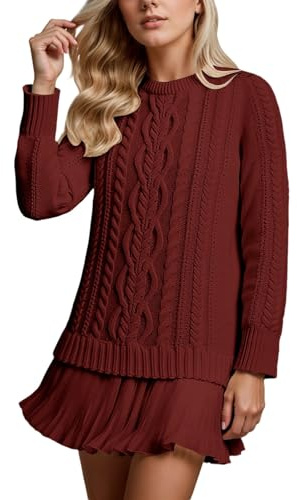 Ensemble de robe en tricot pour femme avec pull à motif torsadé et jupe plissée - Tenue deux pièces au look superposé - Ensemble élégant pour l'automne et l'hiver, Style_r01 Bordeaux, S