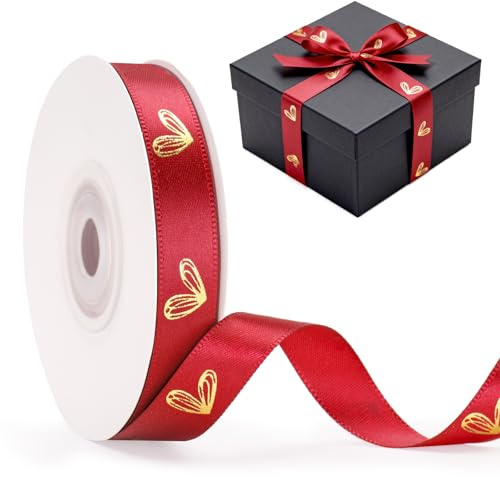 G2PLUS Nastro in Raso Rosso con Motivo a Cuori Dorati: nastro regalo 13 mm x 18 m – per confezioni regalo, matrimoni o San Valentino
