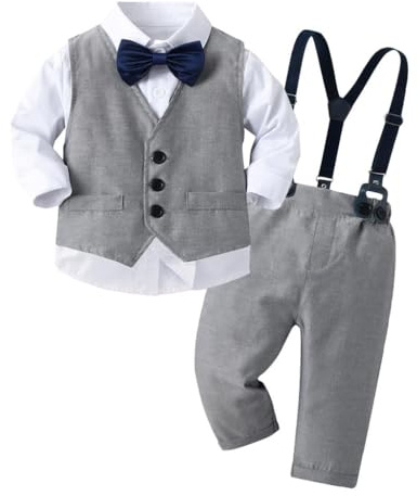 Lito Angels Bebé Niño Traje Formal Camisa Chaleco Pantalón Pajarita Fiesta Boda Bautizo Cumpleaños Gris Talla 98 (2-3 Años)