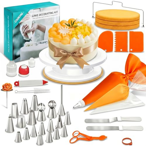 Biigdan Set 61 Pezzi per Torte con Piattaforma Girevole 27.5cm, Kit di Pasticceria con Sac à Poche, Boquette, Spatola, Tagliapasta, Accessori per Decorare – Ideale per Principianti e Professionisti