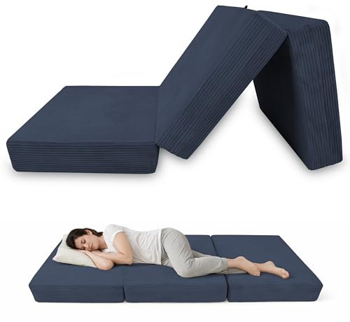 POKAR Colchón Plegable de 3 Piezas 160x195x15 cm | Colchón de Espuma en Pana Suave Corduroy | Cama de Invitados y Camping | Colchoneta de Viaje | Certificado Oeko-Tex | Made in EU | Azul Marino