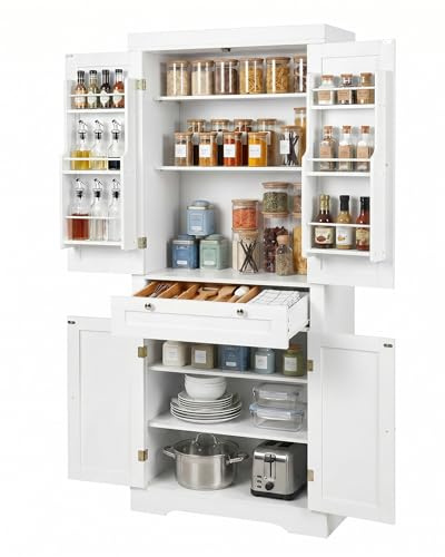 Amveya Mobile Cucina Credenza Dispensa 76x40x182 cm Armadio con Cassetti Pensile Vetrina per Cucina Soggiorno Sala Bianco