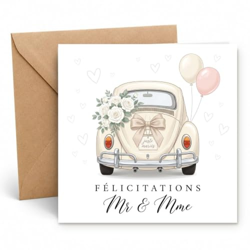 Edition Seidel Premium Carte de mariage carrée avec enveloppe. Carte de mariage Heureux Mariage en français pour couple voiture roses élégant (HQ260 SW026)