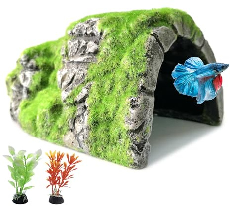 M2cbridge Aquarium Decorations Fish Hideout House Betta Cave with Green Lifelike Moss (Betta Rock Cave)