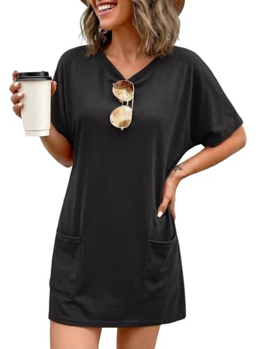Dokotoo Summer Dresses for Women 2026 Casual Short Sleeve Crewneck Tshirt Dress Loose Fitting Long Tops Mini Tunic Shift Short Dress Athletic Plus Size Black Dresses XXL