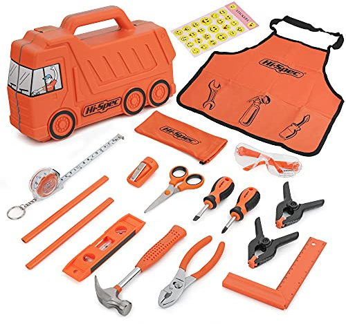Hi-Spec 17pc Orange Kids Tool Kit & Children's Truck Tool Box – Real Steel Metal Tools for Building, Woodwork, Construction & DIY Projects – Educational Gift Set for Boys & Girls Ages 6-8