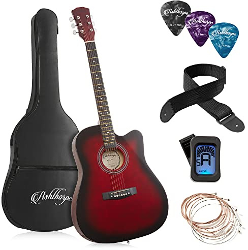 Ashthorpe 41-inch Beginner Cutaway Acoustic Guitar (Red), Full Size Basic Starter Kit w/Gig Bag, Strings, Strap, Picks, and Lessons
