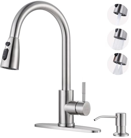 WOWOW Kitchen Faucet with Soap Dispenser: 304 Stainless Steel Kitchen Sink Faucet with Pull Down Sprayer 3 Modes, Single Handle High Arc Mixer Taps for Sink, RV, Laundry, Bar (Brushed Nickel)