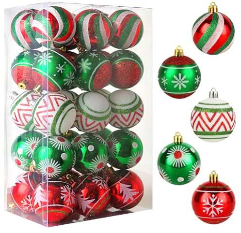 Christmas Ornaments Set, 30 pcs 2.36inch Red Green White Christmas Balls Ornaments for Christmas Tree Decorations Shatterproof Hanging Baubles Decoration for Xmas Thanksgiving Holiday Party Home Decor