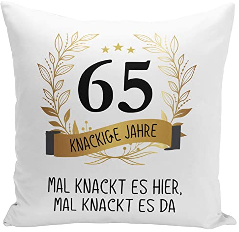 Tassenbrennerei Kudde 65-årsdag – 65 krispiga år gånger knäcker det här är en gång det spricker – inklusive kuddfyllning – födelsedagspresent rolig med ordspråk (65)