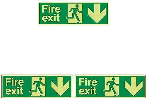 VSafety Glow In The Dark Fire Exit Arrow Down Sign - 450mm x 150mm - Self Adhesive Vinyl (Pack of 3)