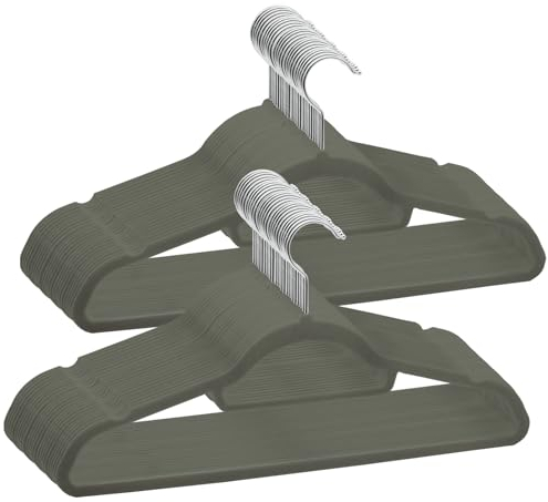 ABHENG 50 Stück Kleiderbügel Samt, Anzugbügel Platzsparend, Hosenbügel, 360° Drehbarer Haken, rutschfeste und strapazierfähige mit Krawattenhalter,43B x 22H cm, für Mäntel,Kleider,Hemden,Grau,AFY0450G