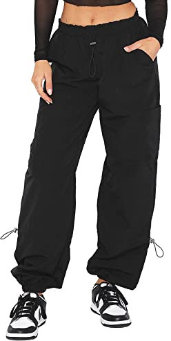 DISCIPBUSH Cargohose für Damen, Baggy – Fallschirmhose für Damen, Rave-Hose, Y2K-Hose, Festival-Outfits für Frauen, Schwarz, XX-Small