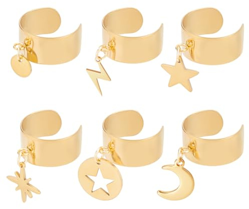 UNICRAFTALE 6 pièces 6 styles Bague Breloques Bague Acier Inoxydable Étoile Boulon Foudre Pendentifs Bagues Réglables Doré Bagues pour Femme Bijoux Ouverte pour Cadeaux de Noël et du Nouvel An