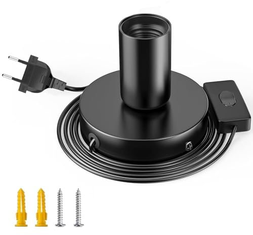 Powice Lampenfassung E27 mit Schalter, E27 Fassung Schwarz mit 1,8m Netzkabel Schraubring Schalter für DIY-Projekte, Lampenaufhängung Pendelleuchte Hängeleuchte