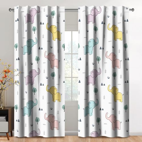 Kzzfqxb 132x214cm Tende per Bambini 2 Pannelli, Elefanti Piccoli Alberi Erbe Decorazione per Finestre drappeggiate per Bambini Ragazze Ragazzi Camera da Letto Asilo Nido Soggiorno